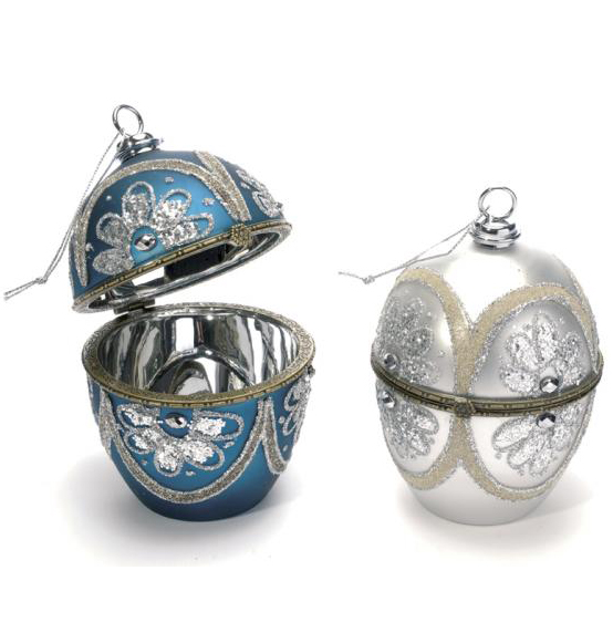 Contenitore Uovo di Natale in vetro con glitter azzurro e argento